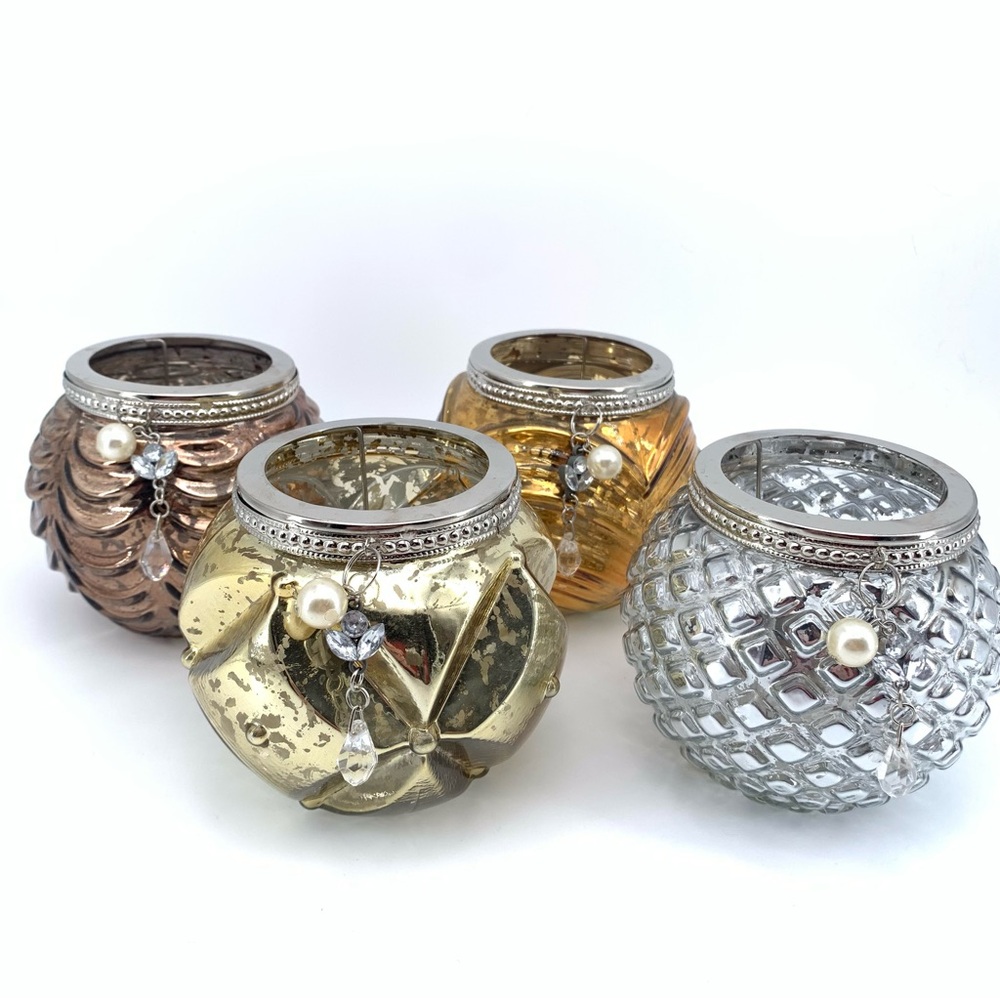 Chic Mercury Glass Votive Candle Holder Set of 4 with Beaded Charms IMAX Candice